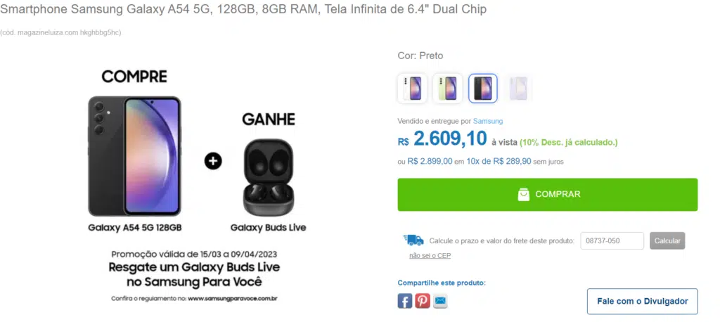 Promoção do galaxy a54 com um galaxy buds live incluso