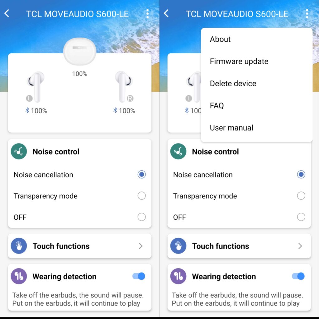 Captura de tela do aplicativo tcl connect para gerenciamento de fone de ouvido wireless