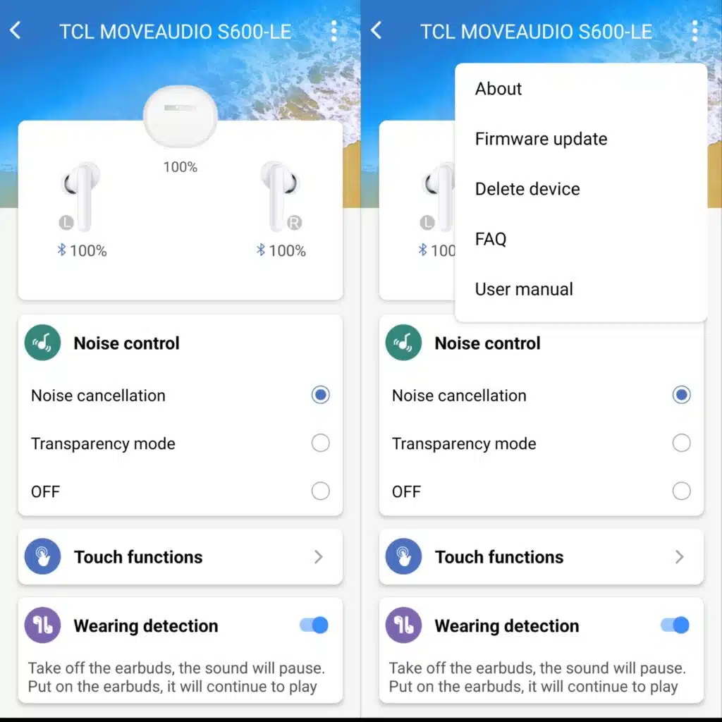 Captura de tela do aplicativo tcl connect para gerenciamento de fone de ouvido wireless