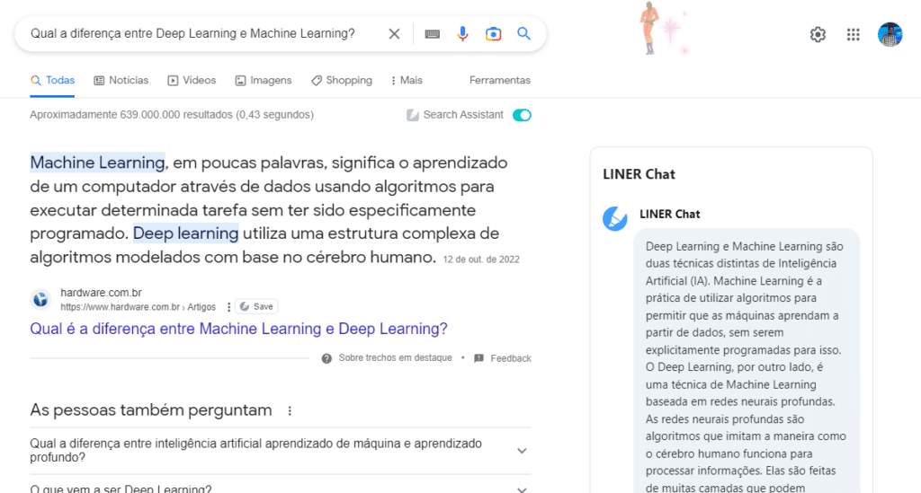 Captura de tela de uma pesquisa sobre a diferença entre deep learning e machine learning com o uso do liner chat descrevendo a resposta para a busca de maneira objetiva.