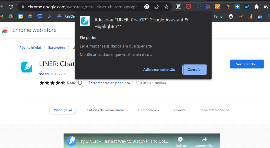 Imagem de tutorial para adicionar extensão do liner no google chrome