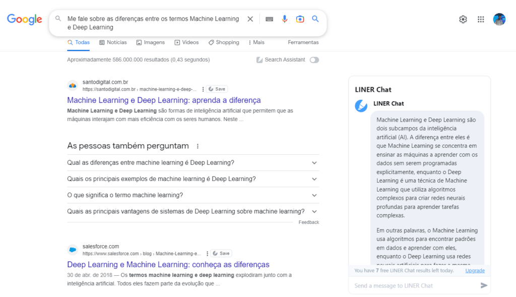 Teste da ferramenta liner no google chrome pesquisando sobre as diferenças entre machine learning e deep learning