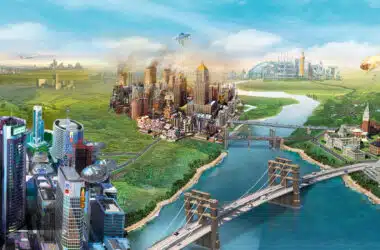 Imagem promocional do "simcity" de 2013, que mostra a arte de uma cidade no design do jogo.