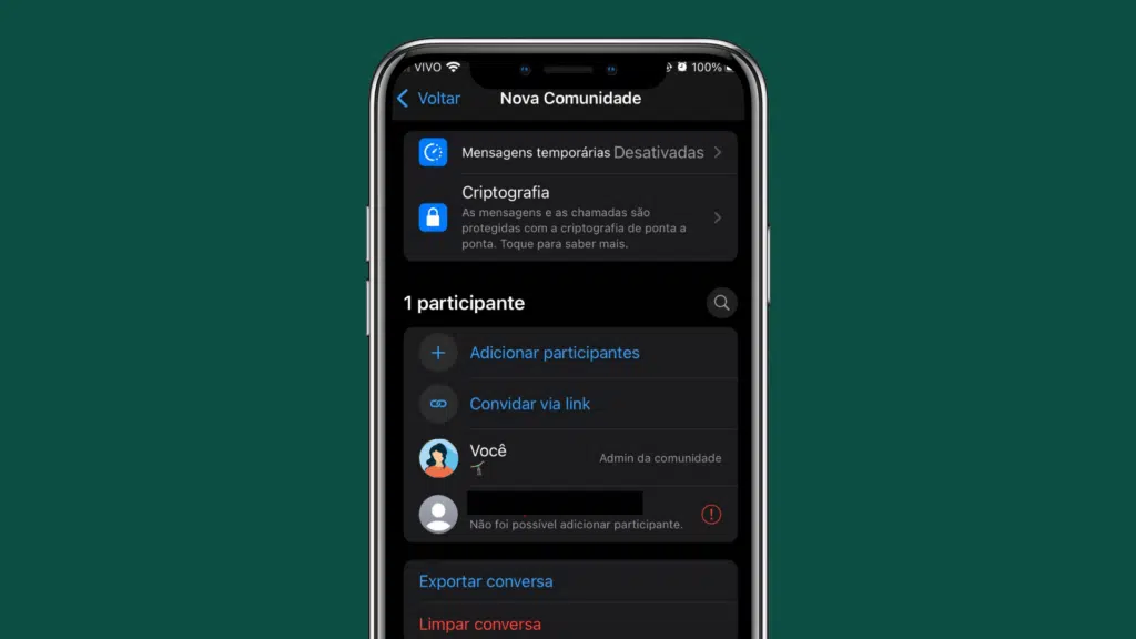 Não é possível adicionar o contato a grupos ou comunidades