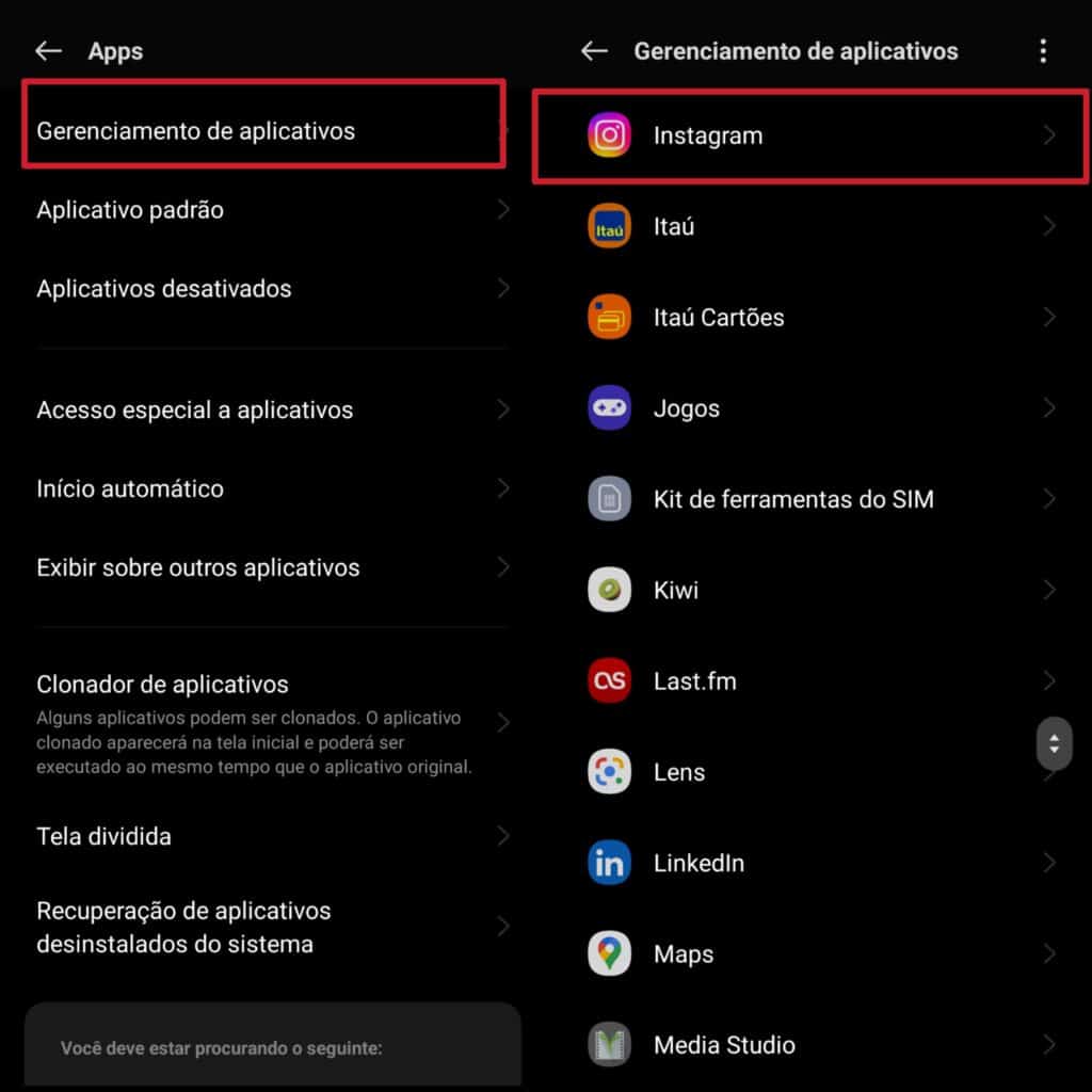 Acesso às configurações do instagram