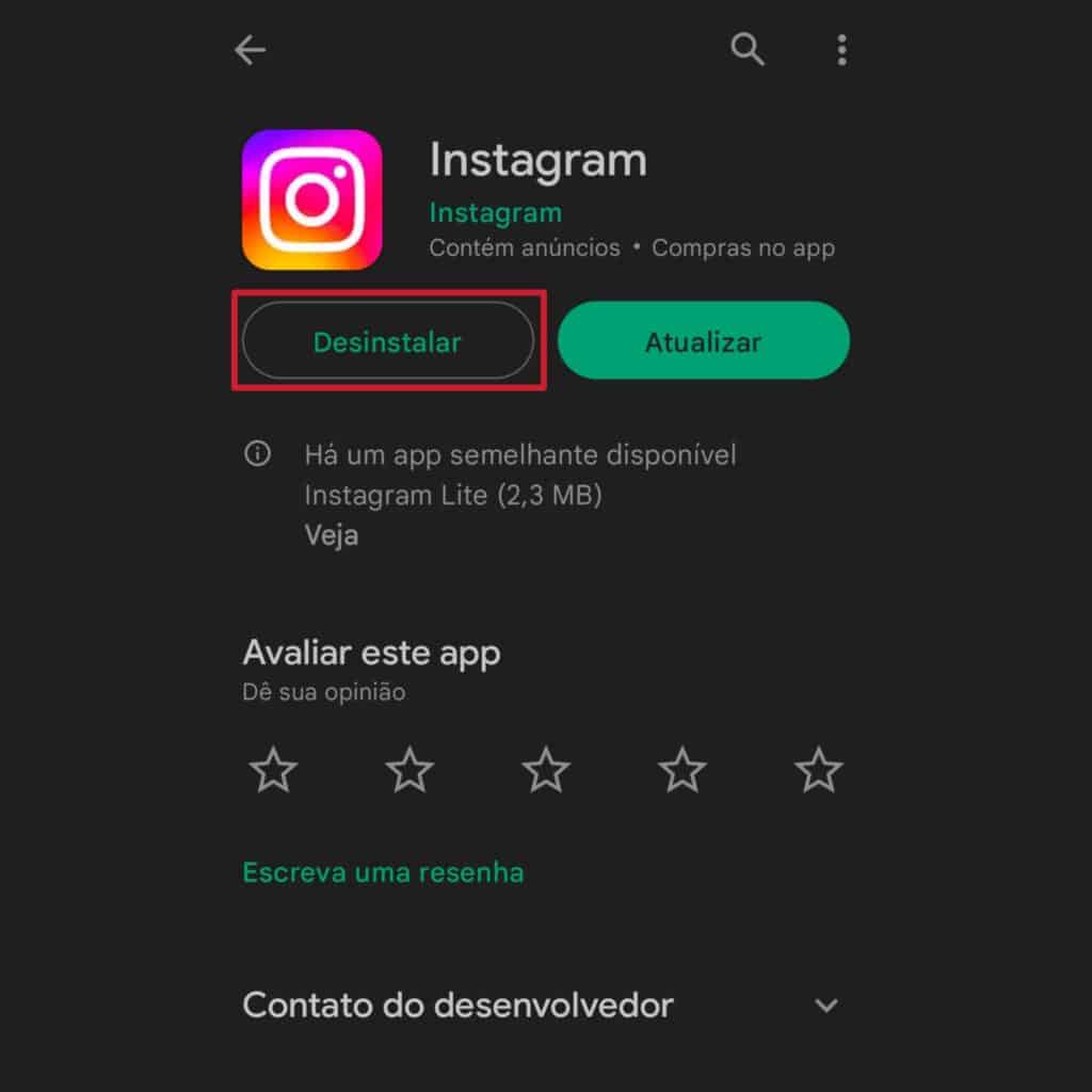 Tela do aplicativo do instagram na google play store