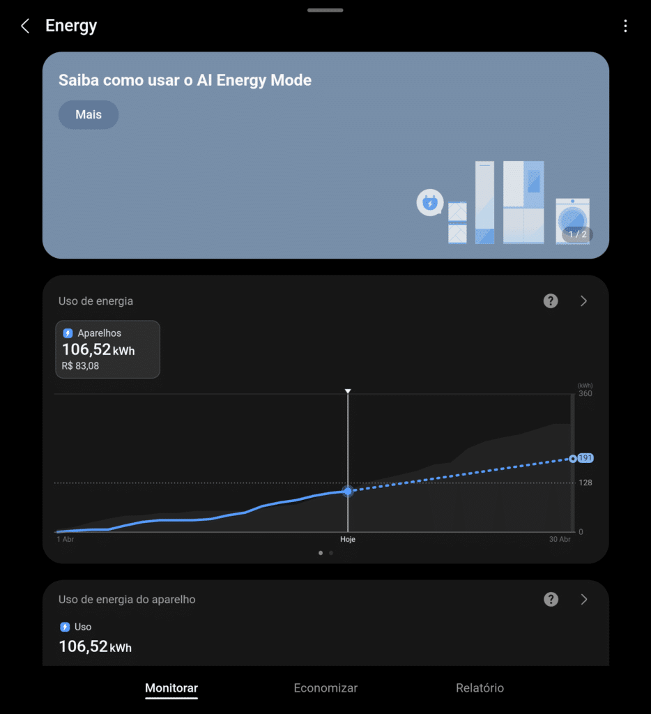 Através do app você consegue saber quanto o aparelho está gastando de energia elétrica, com valor em reais