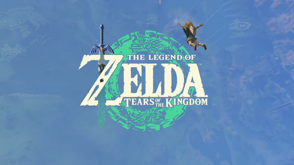 Link voando pelos céus com o logo de tears of the kingdom