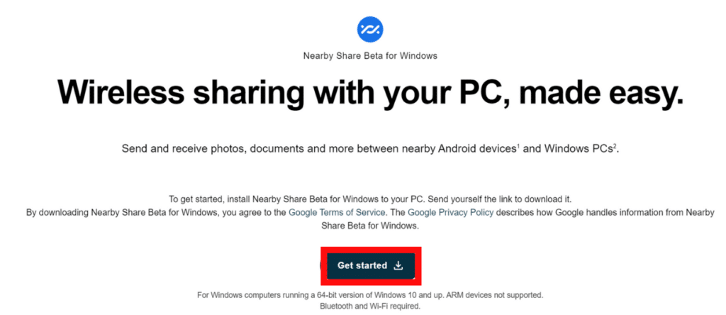 Tela do site de download do aplicativo do nearby share para pcs com windows