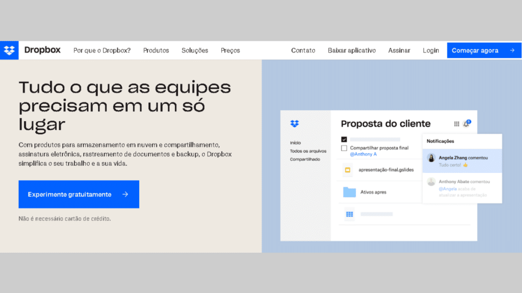 Tela inicial do site de armazenamento em nuvem dropbox