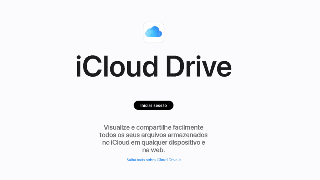 Tela inicial do site de armazenamento em nuvem icloud drive