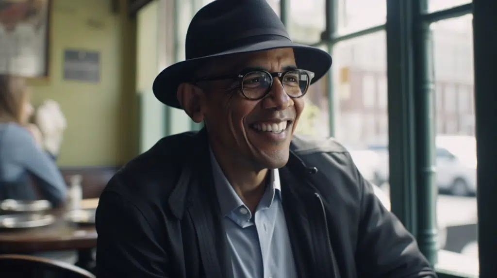 Foto de barack obama usando um chapéu preto e óculos de grau dentro de um café, gerada completamente por uma ia