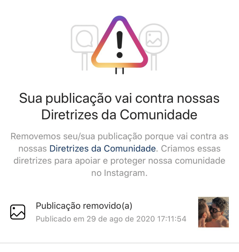 Foto de alerta de quebra de diretrizes do instagram