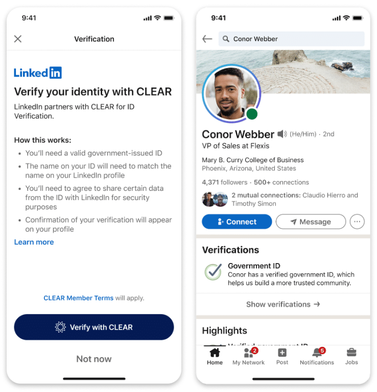 Aparentemente a verificação com o clear funcionará exclusivamente para usuários que contem com um id governamental americano e um número também dos estados unidos, de acordo com a página oficial da rede social. Imagem: linkedin