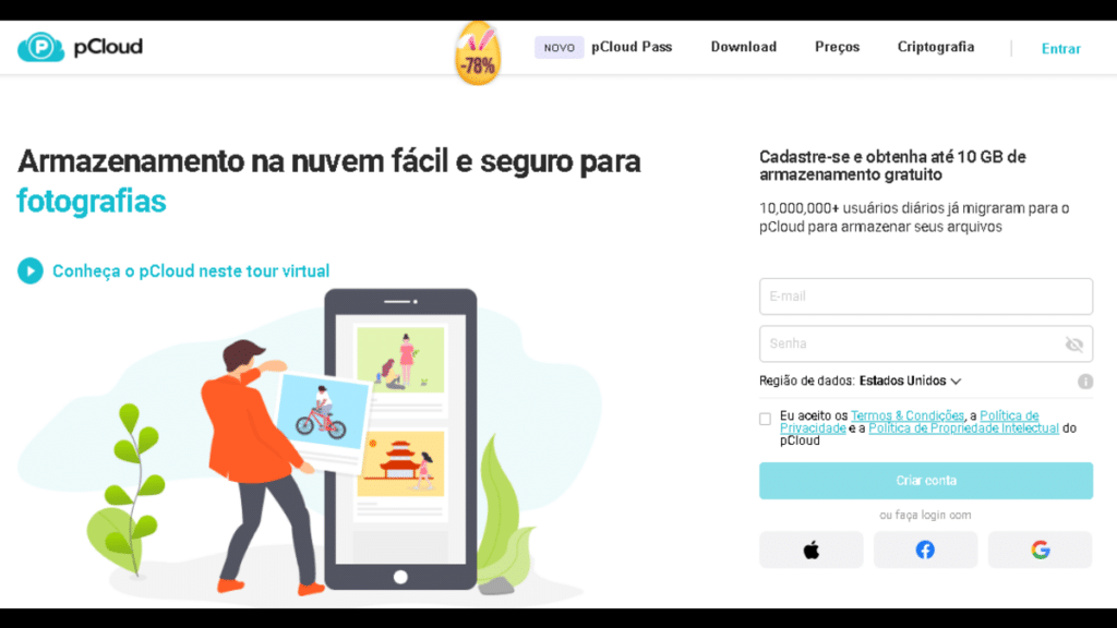 Tela inicial do site de armazenamento em nuvem pcloud