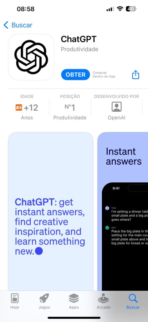 Aprenda a usar o app do chatgpt. 1º passo: baixe o aplicativo na app store - atente-se de baixar o app da openai! Imagem: lucas gomes, smt