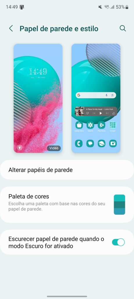 Personalização de wallpaper e coloração do sistema do galaxy m54