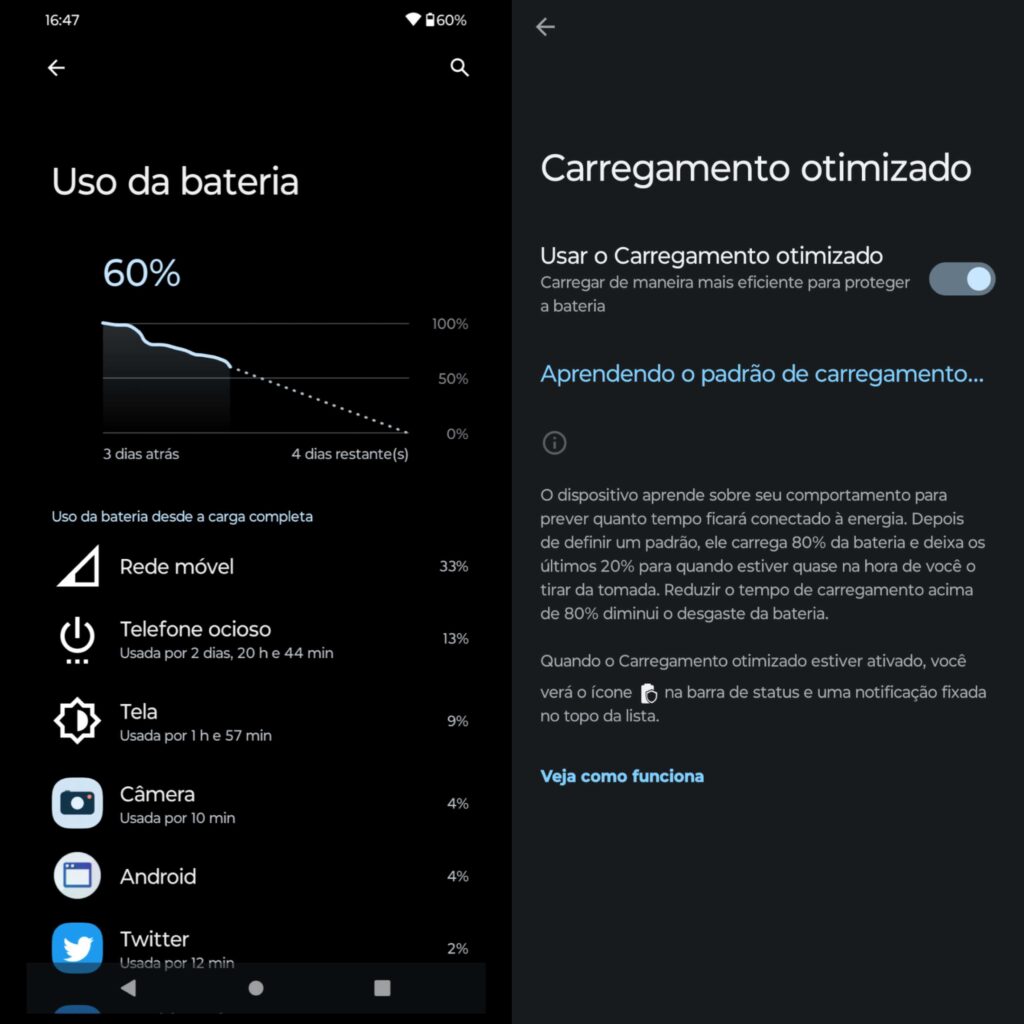 Dados de bateria do smartphone android edge 40