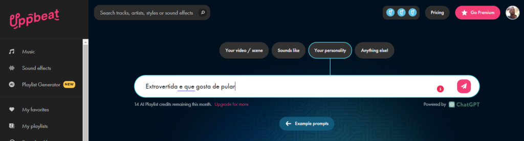 Uso da uppbeat para criar uma playlist usando o chatgpt como base