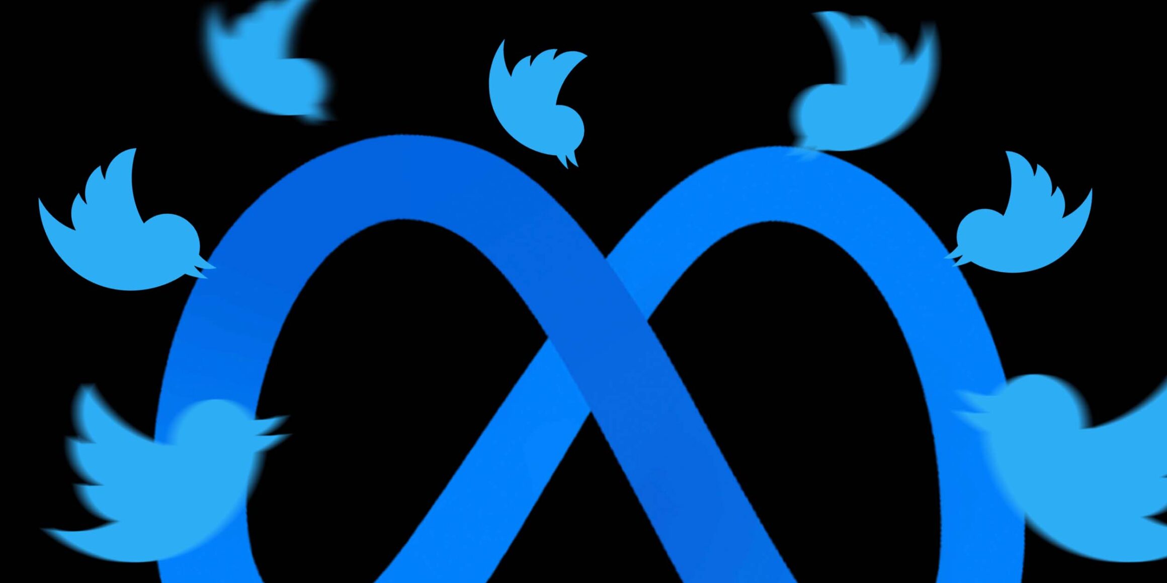 nova rede social twitter t alt | pássaros em azul, como referência ao logo do Twitter, em cima do logo da Meta, em tamanho maior, ao centro da imagem