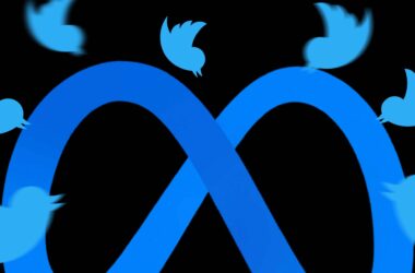 Nova rede social twitter t alt | pássaros em azul, como referência ao logo do twitter, em cima do logo da meta, em tamanho maior, ao centro da imagem