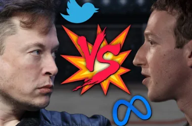 Twitter quer processar meta t alt rosto de musk à esq. E de zuckerberg à esq, virados de perfil, com logos das redes sociais no meio