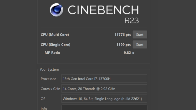 Resultados do galaxy book3 ultra no cinebench r23