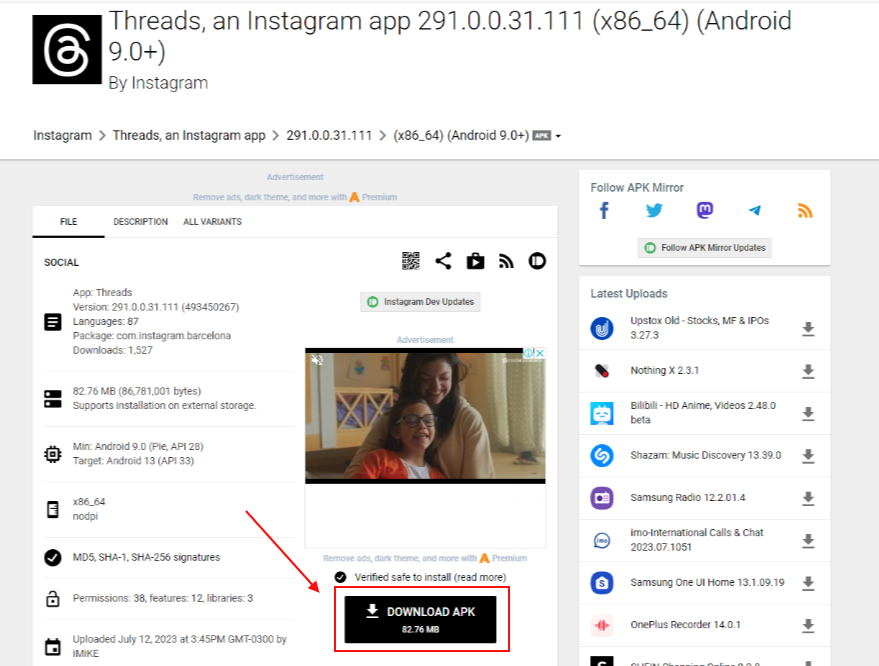 Nova rede social talt 1046 tela mostra botão para download do apk em preto, numa página com uma série de informações sobre o arquivo, em cor branca, com texto em preto