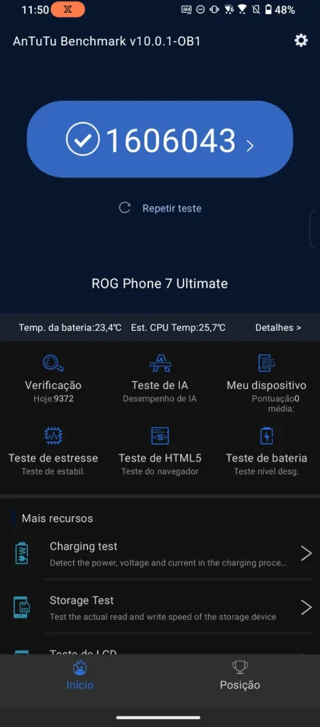 Resultado do benchmark antutu do rog phone 7 ultimate