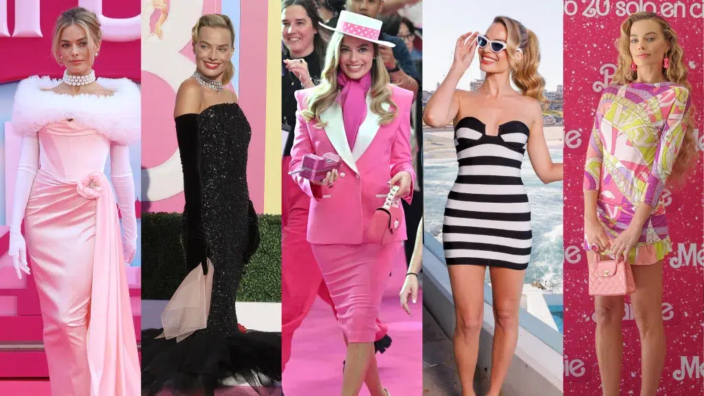 Looks de margot robbie durante as coletivas de barbie