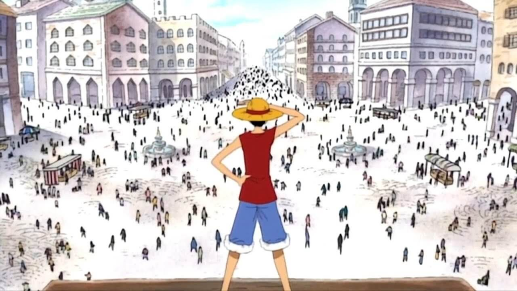 Luffy em loguetown no anime de one piece olhando para uma multidão