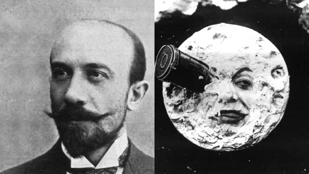 À esquerda, georges méliès; à direita, uma cena icônica do curta "viagem à lua" (1902)