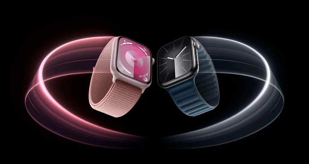 Apple watch 9 rosa e azul em fundo preto