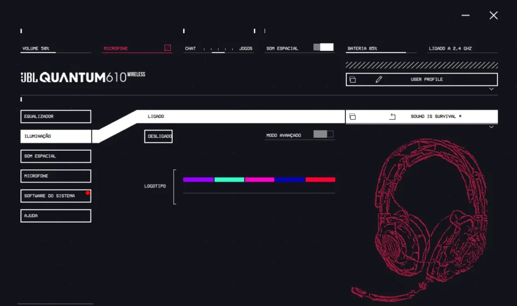 App jbl quantumengine para configuração dos headsets da jbl