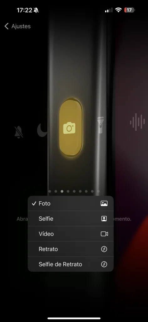 Menu do botão de ação no iphone 15 pro max