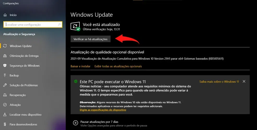Exemplo do windows update para atualização do windows