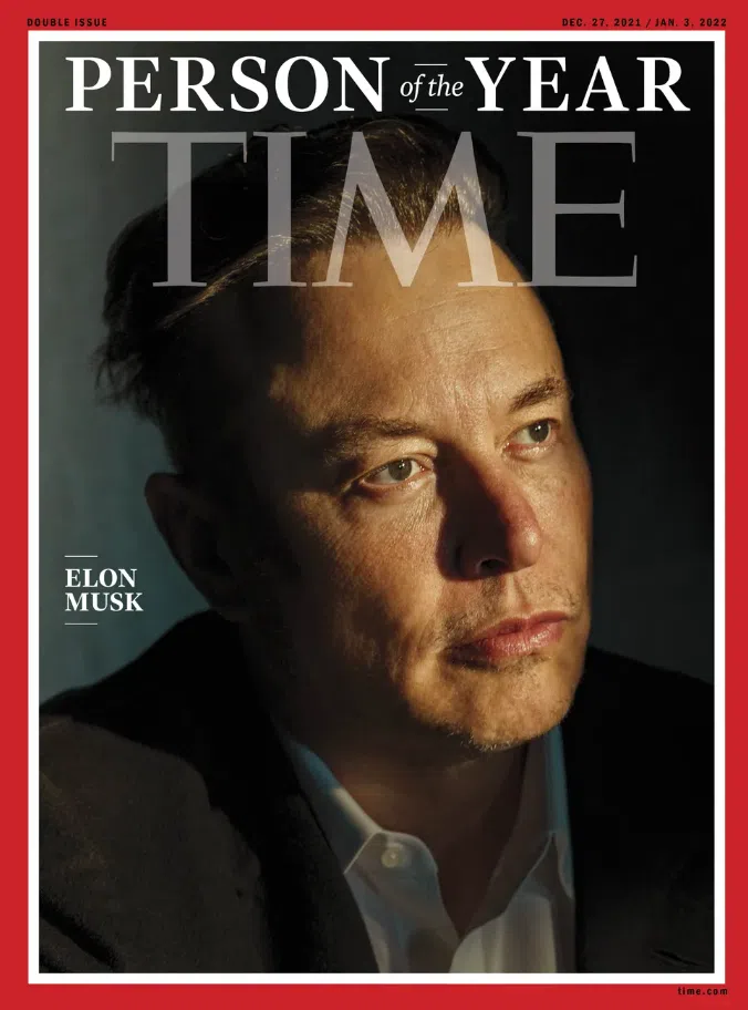 Elon musk, ceo da tesla, inc. E fundador da spacex, foi a pessoa escolhida para estampar a capa da revista no ano de 2021 / fonte: time