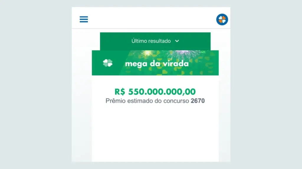 Captura de tela do aplicativo das loterias caixa com imagem da mega da virada ensinando como fazer bolão