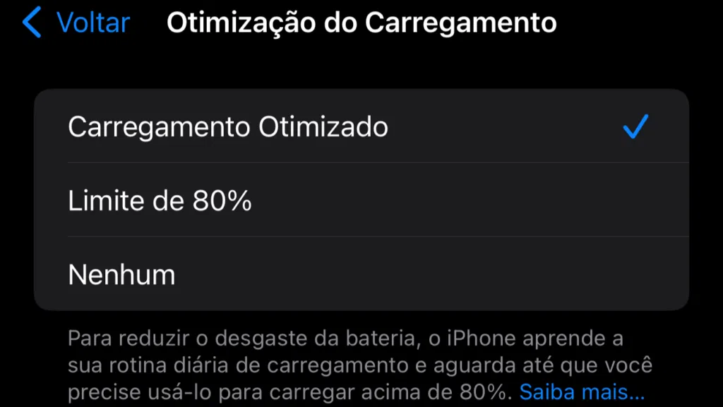 Opções de otimização de carregamento do iphone 15