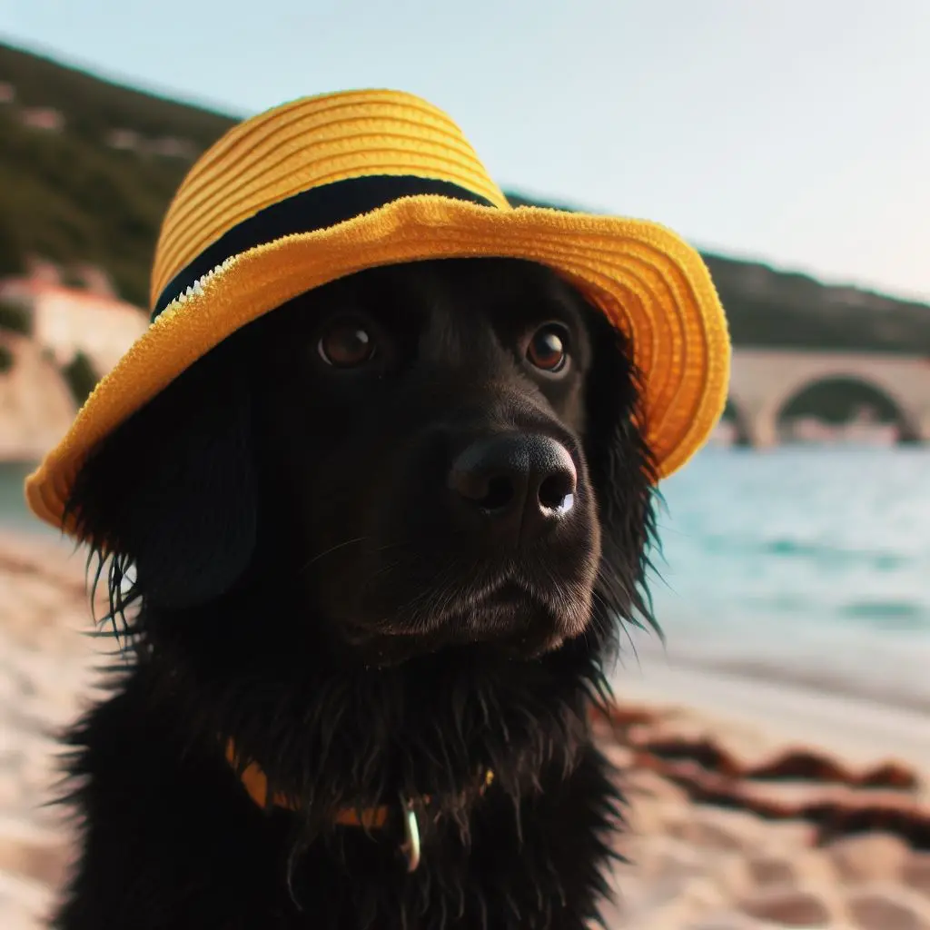 Foto de um cachorro preto com chapéu, criada por uma inteligência artificial