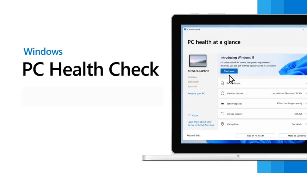 Logo do windows pc health check para atualização do windows