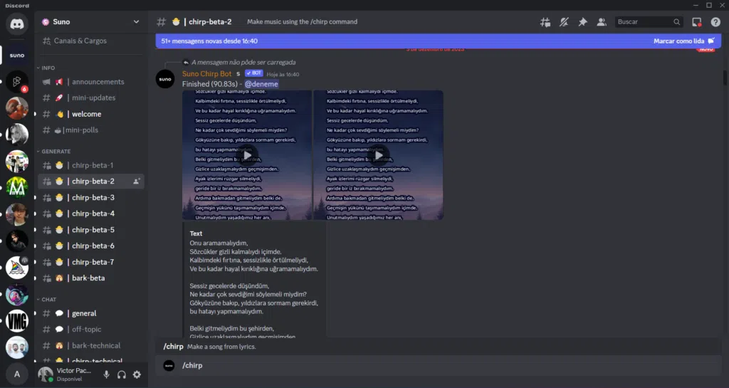 Uso da suno. Ai para criar músicas via inteligência artificial no discord