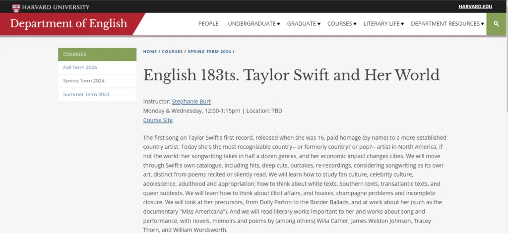 Página de inscrição do curso sobre taylor  swift em harvard