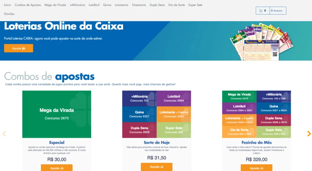 Como jogar na mega-sena pela internet: diferente do aplicativo, o site loteria online da caixa oferecem pacotes de aposta contendo diversos jogos. É possível realizar qualquer aposta dos pacotes com números aleatórios também. Reprodução: lucas gomes, showmetech