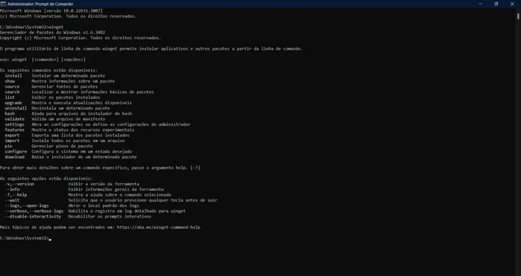 Prompt de comando do windows com a função winget já ativa