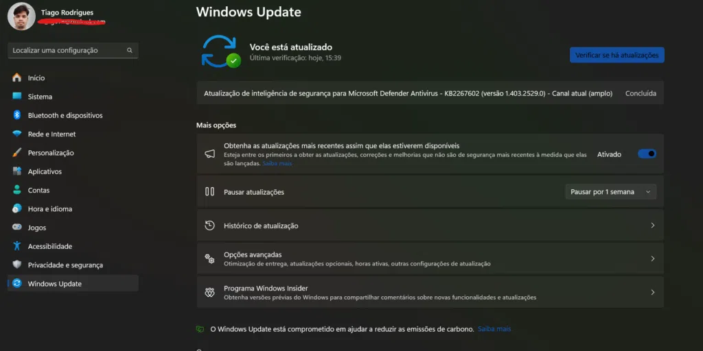 Captura de tela do windows update, o lugar mais comum para instalar drivers no pc