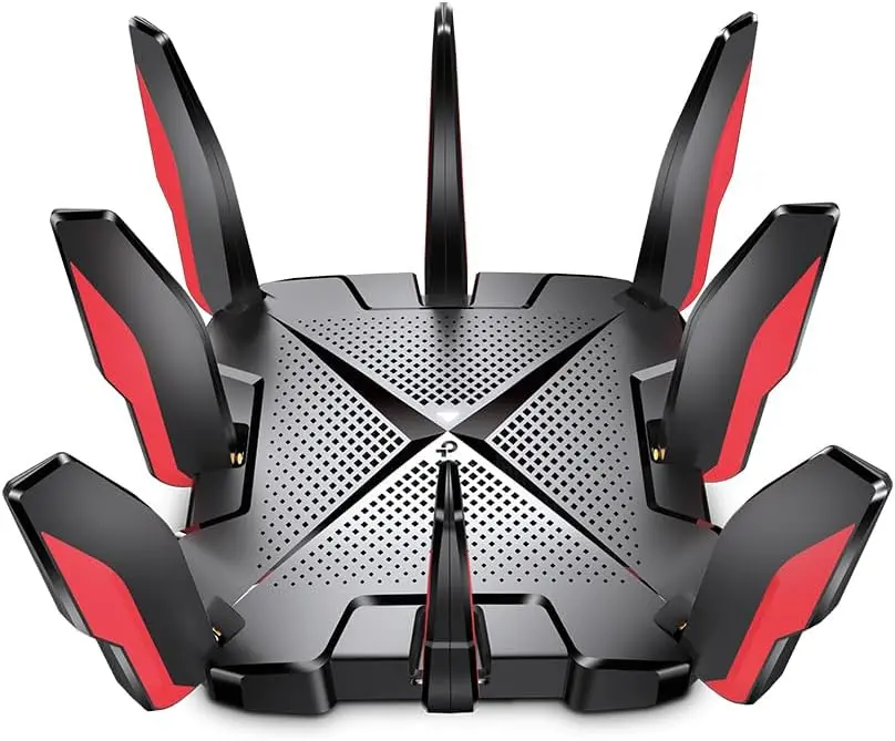 Roteador gamer da tp-link preto e vermelho em fundo branco