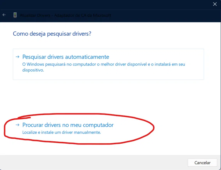 Tela para instalar drivers manualmente no pc