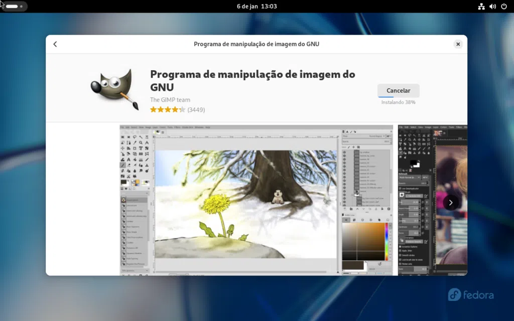 Usando o gnome software para instalar programas no fedora 39. No exemplo, instalação do gimp