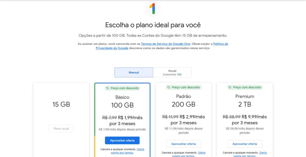 Preços e planos do google one em jan/24